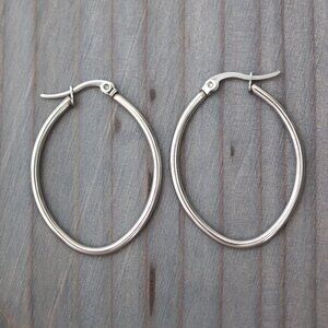 37mm Oblong Style Minimalist Hoop Earrings Silver Stainless Steel